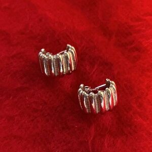 Vintage MONET Silver Tone Clip On Hoop Earrings Ribbed Pat Pend Chic